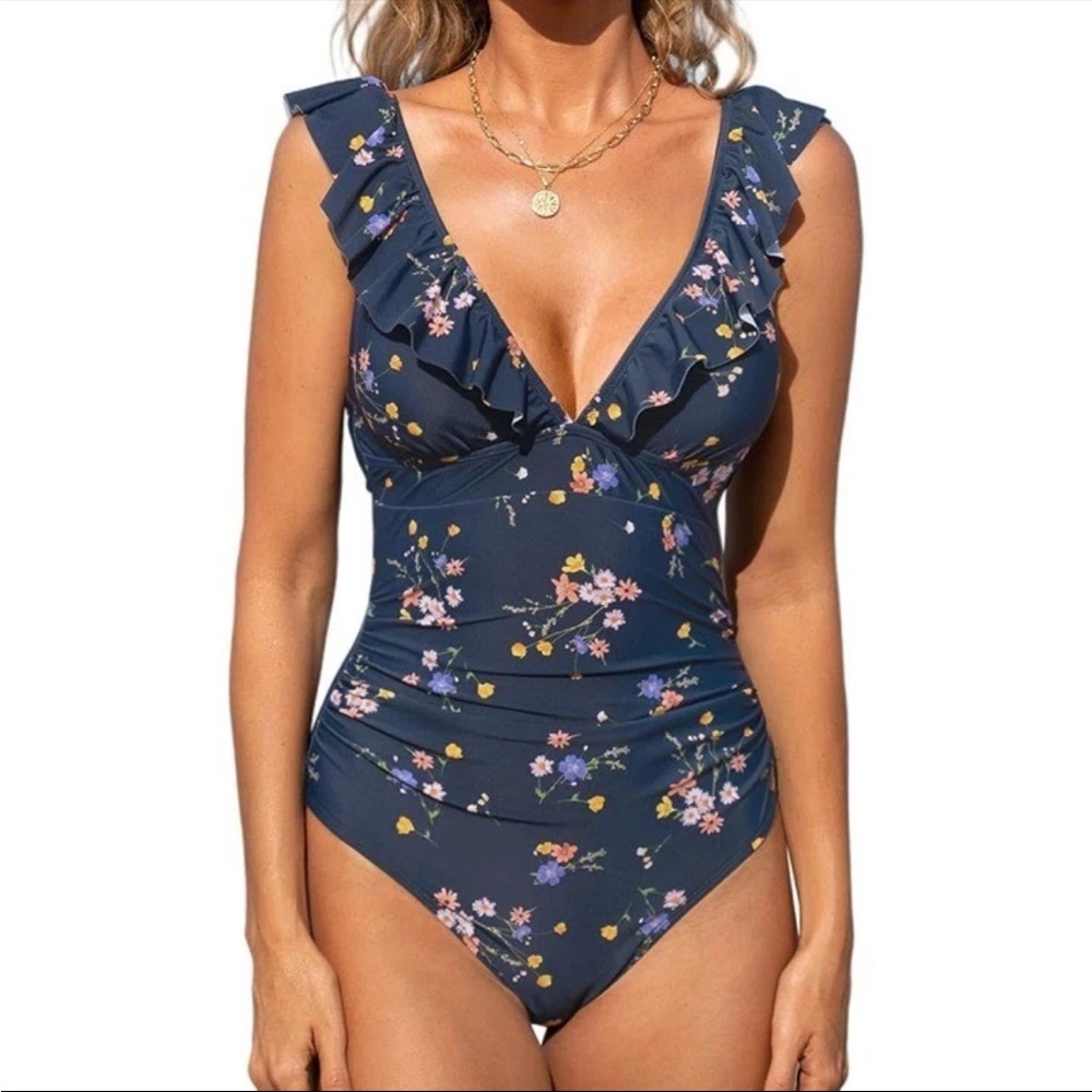 CUPSHE Ruffled One Piece Swimsuit V Neck Lace Up Denim Blue Floral Size XL H-19